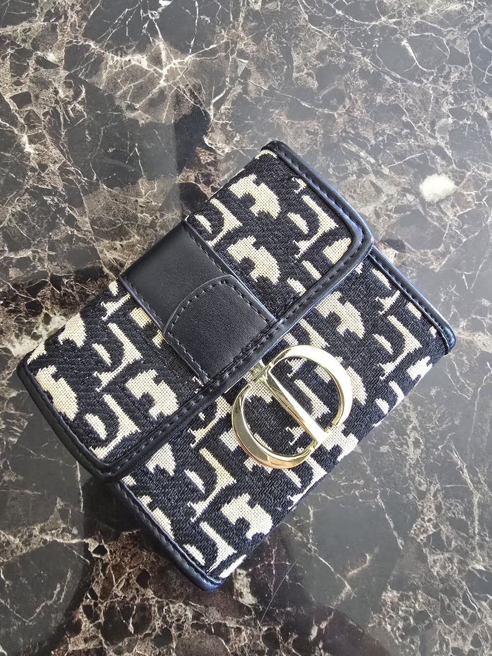 Monogram Canvas Wallet in Navy and Cream with Gold Accent